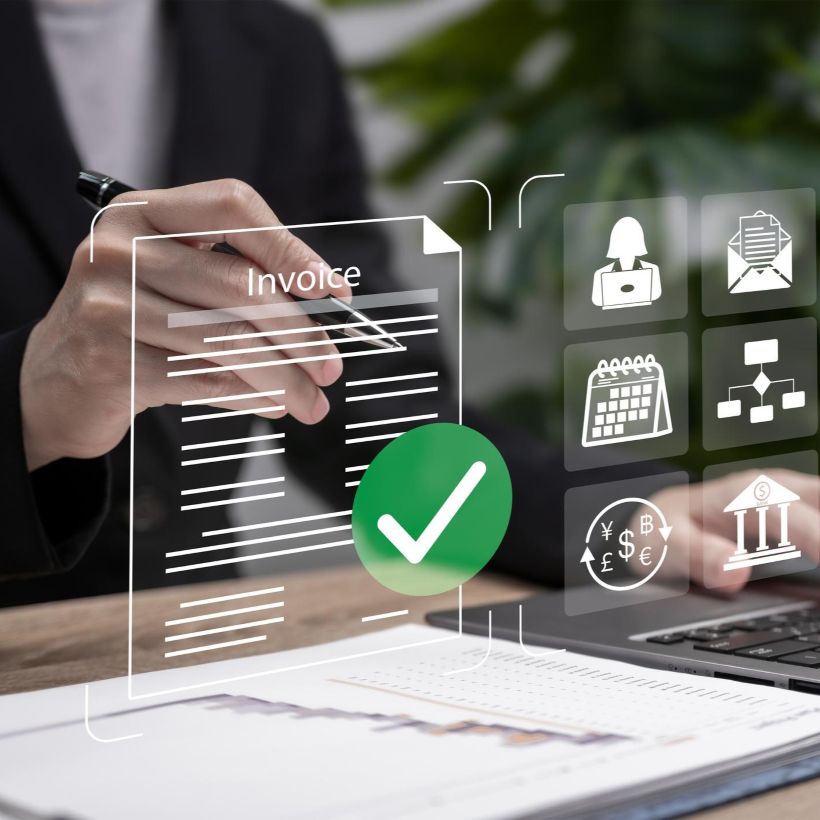 Person in suit holding pen with virtual invoice and financial icons overlay on desk and laptop.